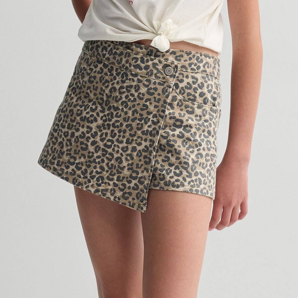 Girls Assymetrical Animal Print Denim Skort main image 1
