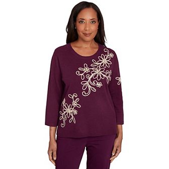 Women's Petite Alfred Dunner Diagonal Floral Embroidered Sweater