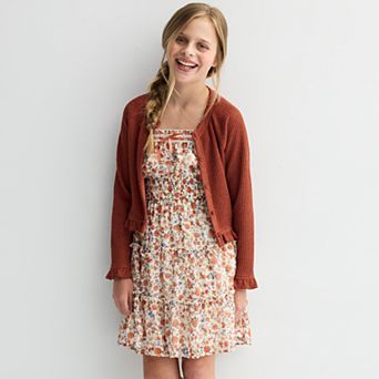 Girls 7-14 Three Pink Hearts 2 pc Set Rib Knit Dress with Cardigan