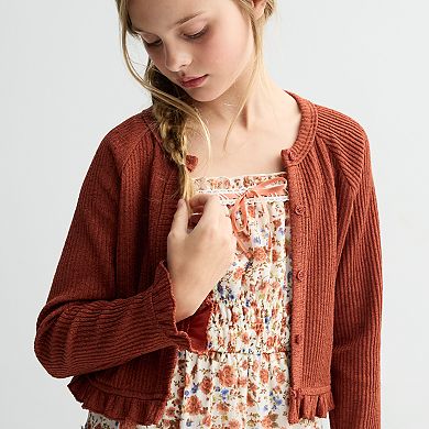 Girls 7-14 Three Pink Hearts 2-Piece Set Rib Knit Dress with Cardigan