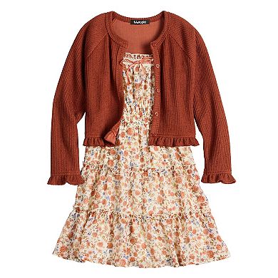 Girls 7-14 Three Pink Hearts 2-Piece Set Rib Knit Dress with Cardigan