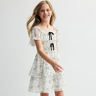 Girls 7-14 Three Pink Hearts Woven Star Printed Tiered Dress