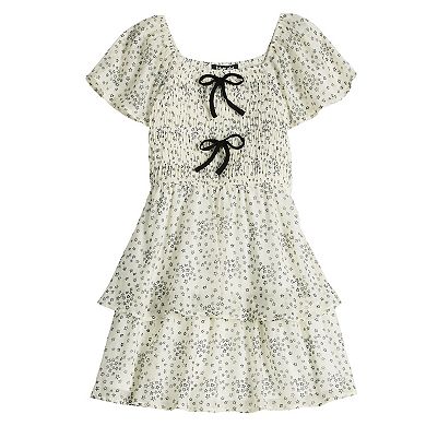 Girls 7-16 Three Pink Hearts Woven Star Printed Tiered Dress