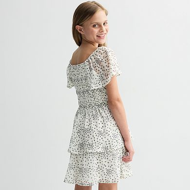 Girls 7-16 Three Pink Hearts Woven Star Printed Tiered Dress