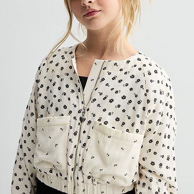 Girls 7-12 Three Pink Hearts 4-Piece Scrunchie, Printed Bomber Jacket, & Tiered Dress Set
