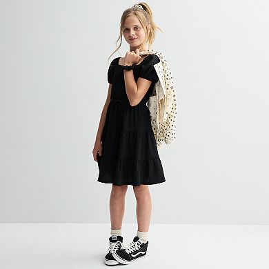 Girls 7-12 Three Pink Hearts 4-Piece Scrunchie, Printed Bomber Jacket, & Tiered Dress Set