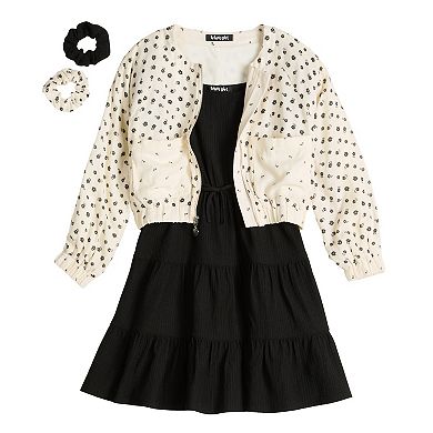 Girls 7-12 Three Pink Hearts 4-Piece Scrunchie, Printed Bomber Jacket, & Tiered Dress Set