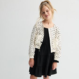 Girls 7-12 Three Pink Hearts 4 pc Scrunchie, Printed Bomber Jacket, & Tiered Dress Set