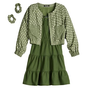 Girls 7-12 Three Pink Hearts 4 pc Scrunchie, Printed Bomber Jacket, & Tiered Dress Set