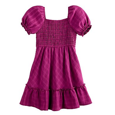Girls 7-14 Three Pink Hearts Woven Shadow Plaid Puff Sleeve Dress