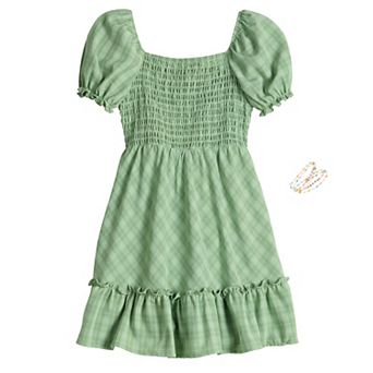 Girls 7-14 Three Pink Hearts Woven Shadow Plaid Puff Sleeve Dress