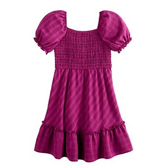 Girls 7-14 Three Pink Hearts Woven Shadow Plaid Puff Sleeve Dress