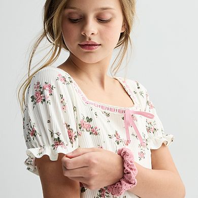 Girls 7-14 Three Pink Hearts Hair Ribbon & Pull-Through Ribbon Tiered Dress Set