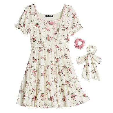 Girls 7-14 Three Pink Hearts Hair Ribbon & Pull-Through Ribbon Tiered Dress Set