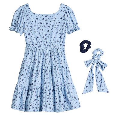 Girls 7-14 Three Pink Hearts Hair Ribbon & Pull-Through Ribbon Tiered Dress Set