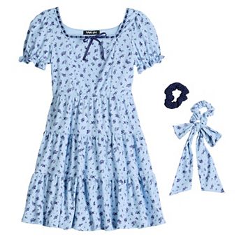 Girls 7-14 Three Pink Hearts Hair Ribbon & Pull-Through Ribbon Tiered Dress Set