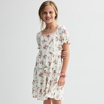 Girls 7-14 Three Pink Hearts Hair Ribbon & Pull-Through Ribbon Tiered Dress Set