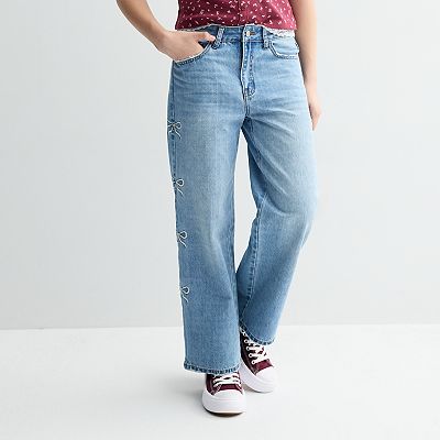 Girls 7-16 Gogo Star Embroidered Side Bow Wide Leg Stretch Jeans