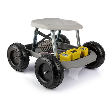 Pure Garden Rolling Gardening Seat Stool with Tool Tray