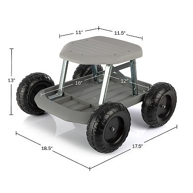 Pure Garden Rolling Gardening Seat Stool with Tool Tray