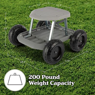 Pure Garden Rolling Gardening Seat Stool with Tool Tray