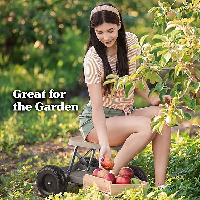Pure Garden Rolling Gardening Seat Stool with Tool Tray