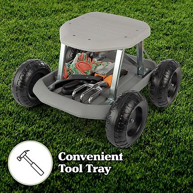 Pure Garden Rolling Gardening Seat Stool with Tool Tray