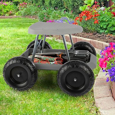 Pure Garden Rolling Gardening Seat Stool with Tool Tray