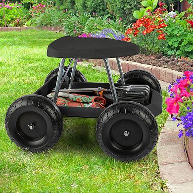Pure Garden Black Rolling Gardening Seat Stool with Tool Tray