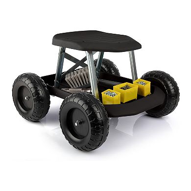 Pure Garden Black Rolling Gardening Seat Stool with Tool Tray
