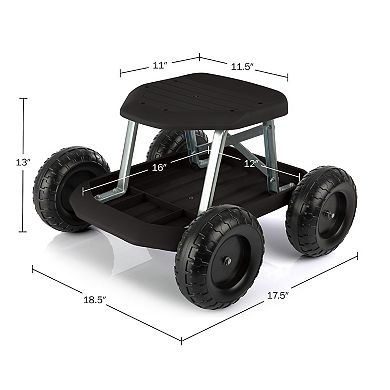 Pure Garden Black Rolling Gardening Seat Stool with Tool Tray