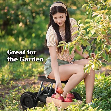 Pure Garden Black Rolling Gardening Seat Stool with Tool Tray