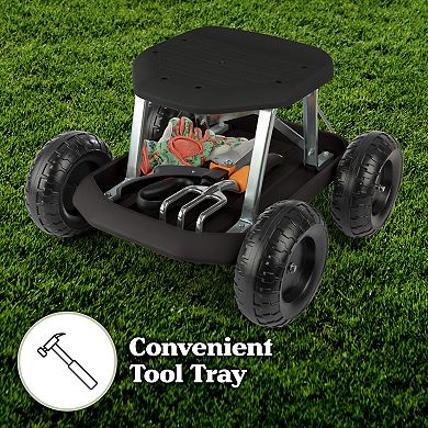 Pure Garden Black Rolling Gardening Seat Stool with Tool Tray