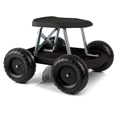 Pure Garden Black Rolling Gardening Seat Stool with Tool Tray
