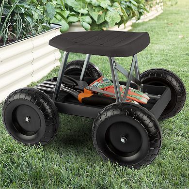 Pure Garden Black Rolling Gardening Seat Stool with Tool Tray