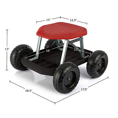 Pure Garden Red Rolling Gardening Seat Stool with Tool Tray