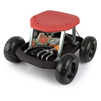 Pure Garden Red Rolling Gardening Seat Stool with Tool Tray
