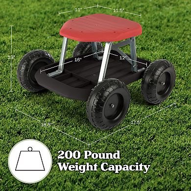 Pure Garden Red Rolling Gardening Seat Stool with Tool Tray