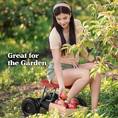 Pure Garden Red Rolling Gardening Seat Stool with Tool Tray