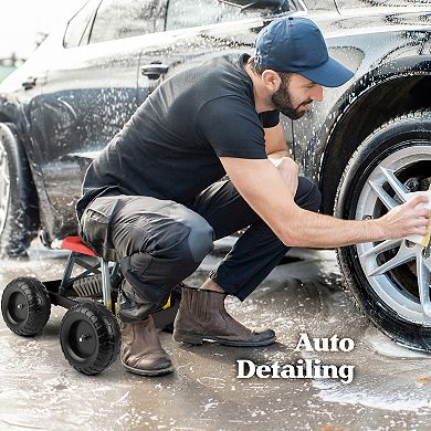 Pure Garden Red Rolling Gardening Seat Stool with Tool Tray