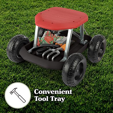 Pure Garden Red Rolling Gardening Seat Stool with Tool Tray