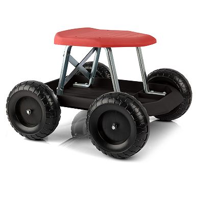 Pure Garden Red Rolling Gardening Seat Stool with Tool Tray