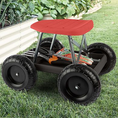 Pure Garden Red Rolling Gardening Seat Stool with Tool Tray