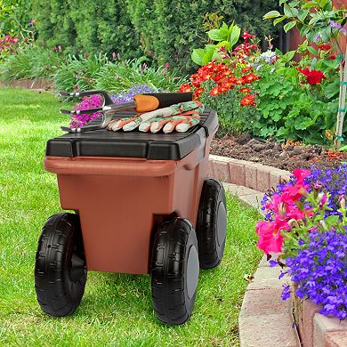 Pure Garden Rolling Garden Storage Cart with Seat