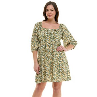 Juniors' Plus Size As U Wish Puff Sleeve Pleated Front Skater Dress