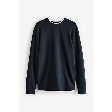 Men's NEXT Navy Blue Textured Long Sleeve Mock Layer 100% Cotton Jumper