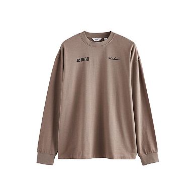 Men's NEXT Stone Relaxed Fit Long Sleeve Heavyweight Back Print Graphic 100% Cotton T-Shirt