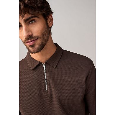 Men's NEXT Chocolate Brown Long Sleeve Waffle Textured 100% Cotton Polo Shirt