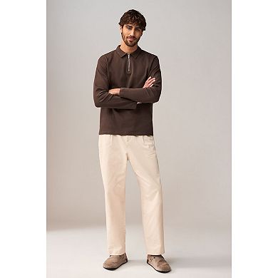 Men's NEXT Chocolate Brown Long Sleeve Waffle Textured 100% Cotton Polo Shirt
