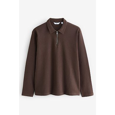 Men's NEXT Chocolate Brown Long Sleeve Waffle Textured 100% Cotton Polo Shirt